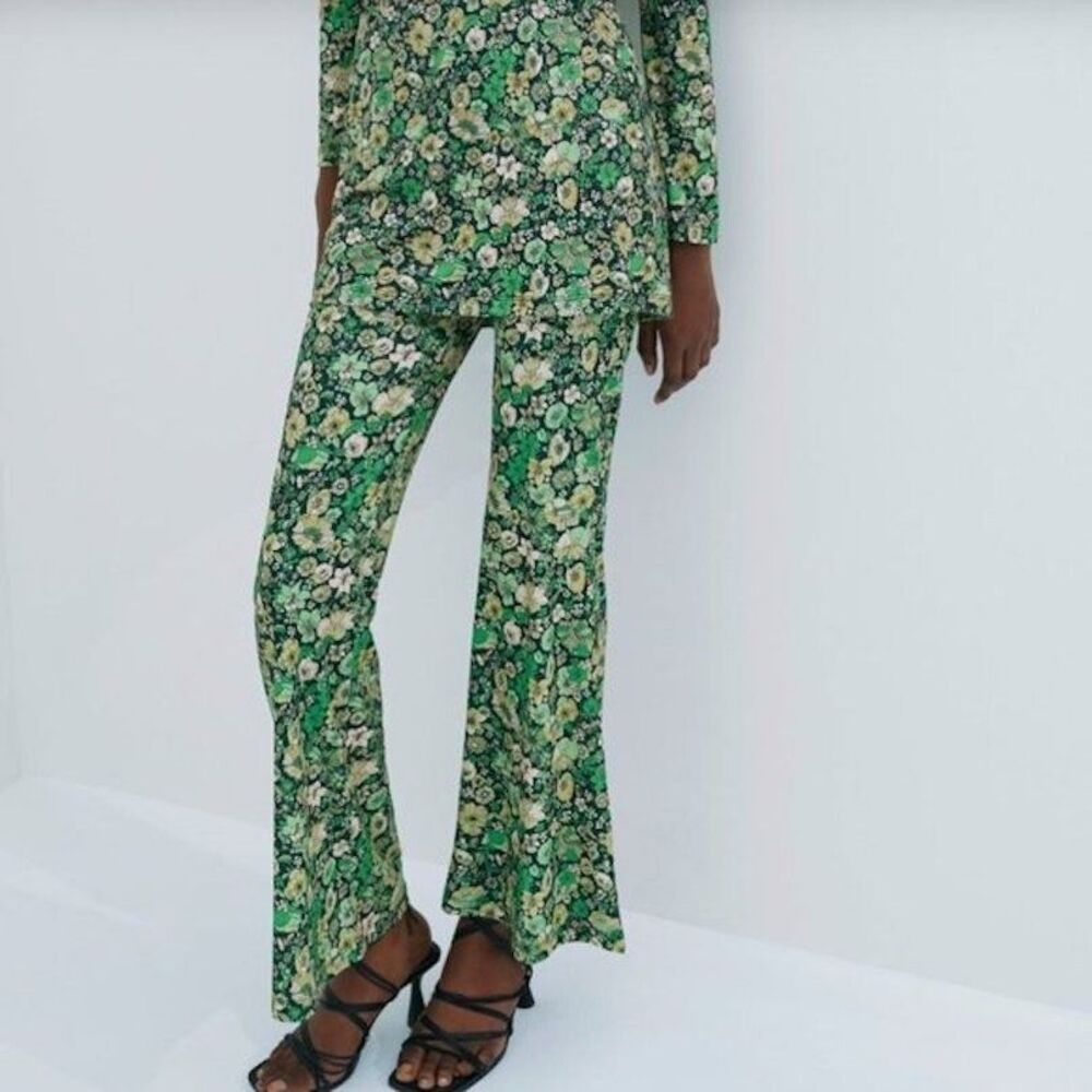 Zara Printed Flowing Trousers Floral Flared Leg Pants
